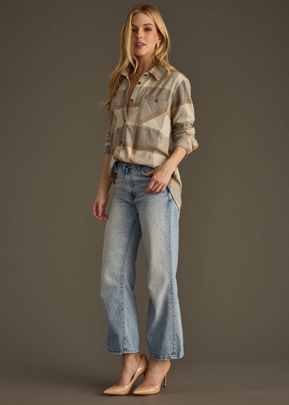 Gray & Mocha Plaid Button Up