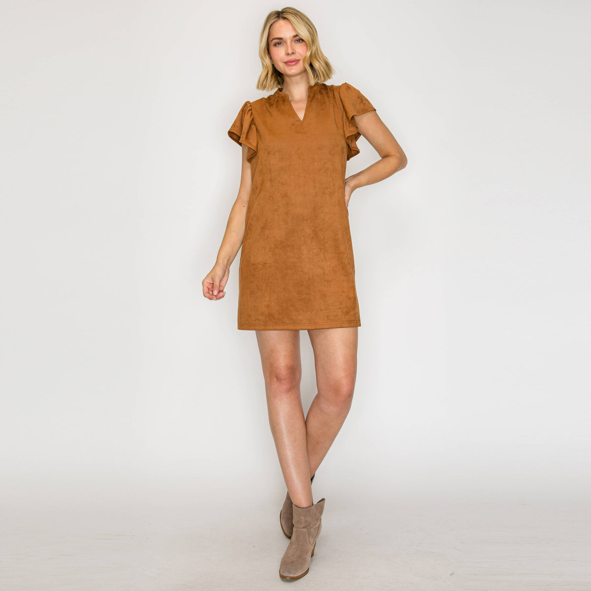 Suede Flutter Sleeve Shift Mini Dress?