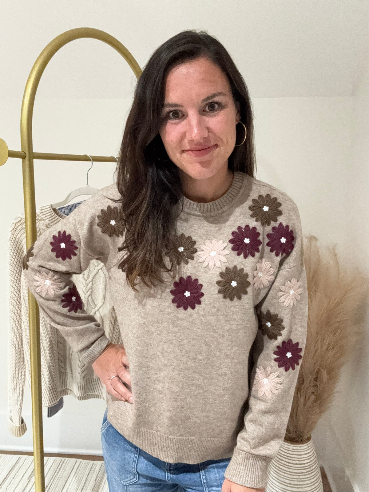 Floral embroidery sweater