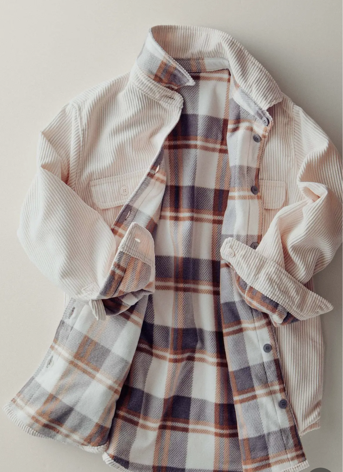 Plaid Lined Corduroy Flannel Shacket-Cream