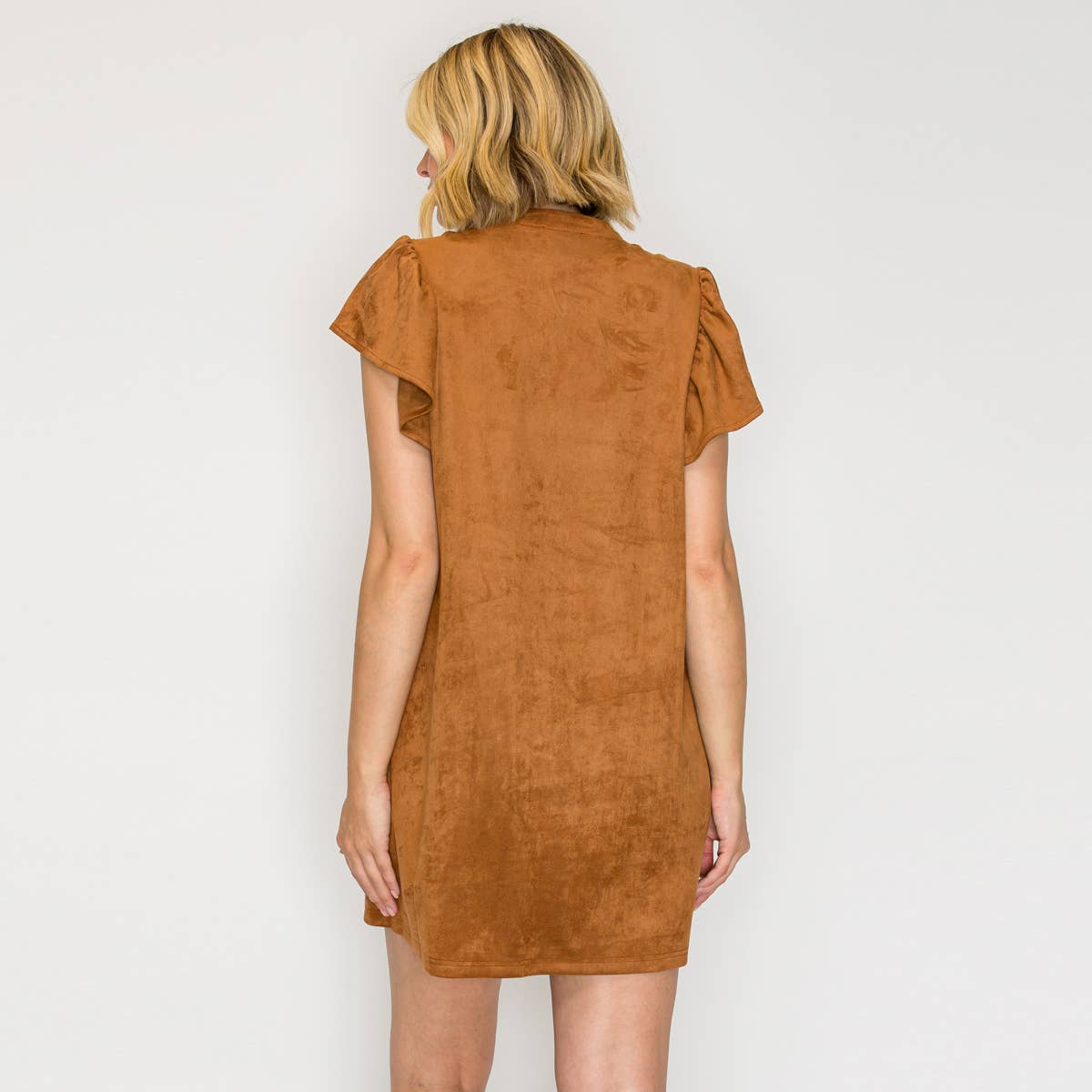 Suede Flutter Sleeve Shift Mini Dress?
