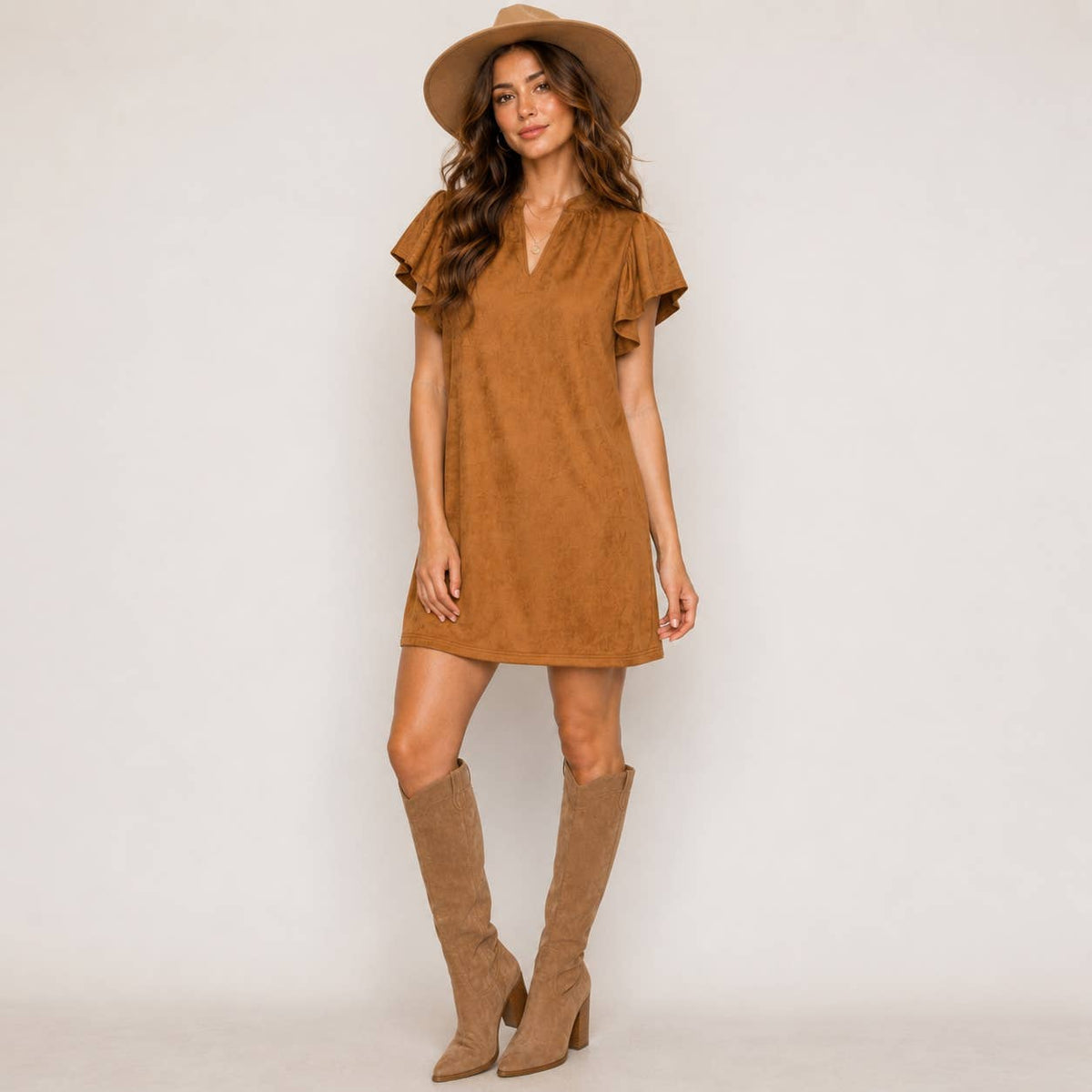 Suede Flutter Sleeve Shift Mini Dress?