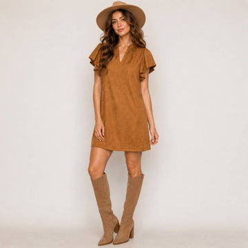 Suede Flutter Sleeve Shift Mini Dress?