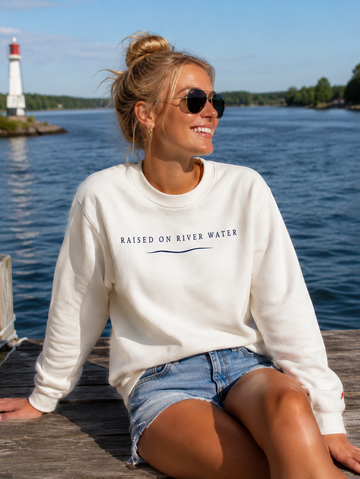 White sweatshirt- Raised on River Water