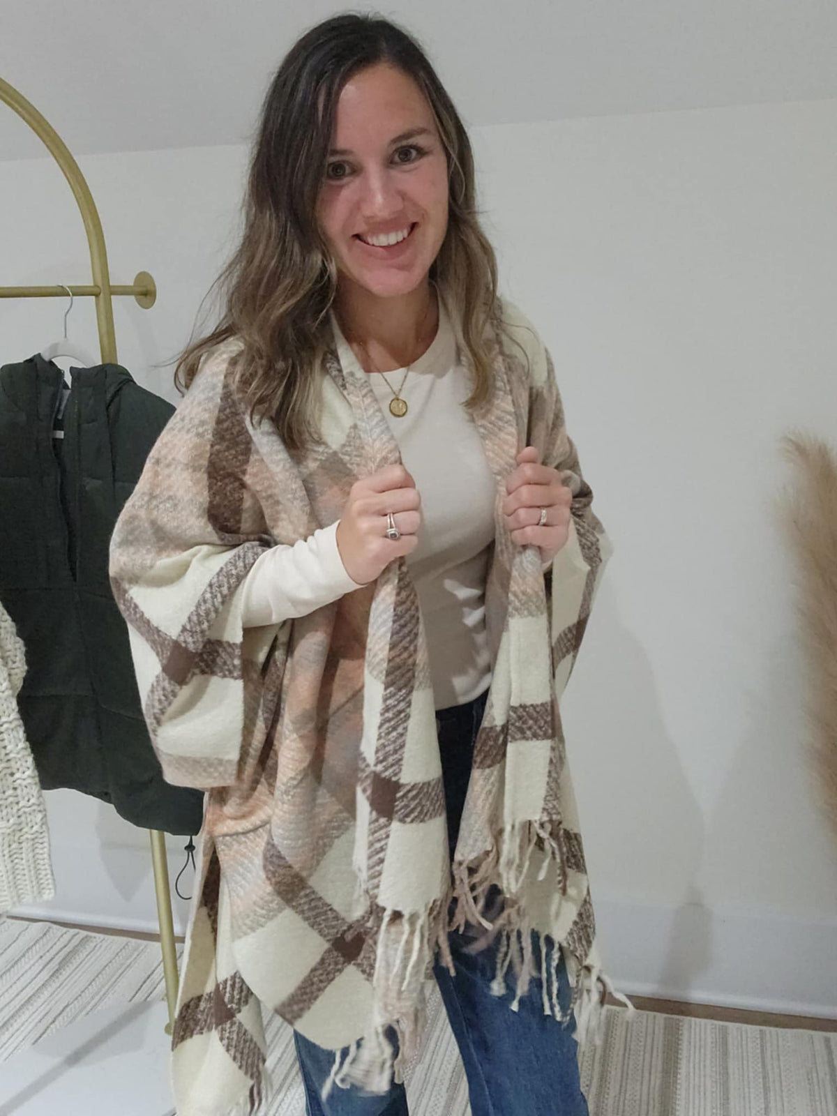 Plaid Wrap- Natural/Dusty Salmon