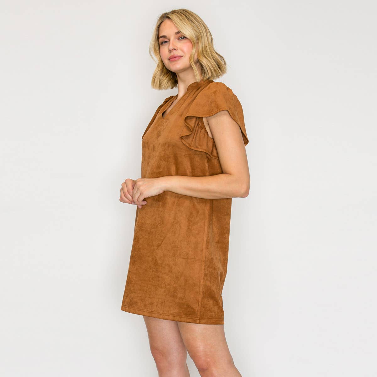 Suede Flutter Sleeve Shift Mini Dress?