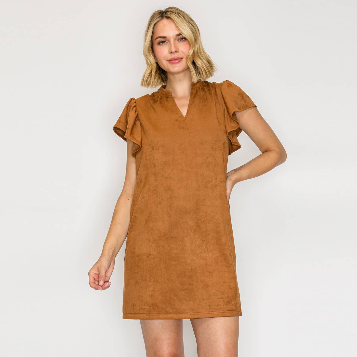 Suede Flutter Sleeve Shift Mini Dress?