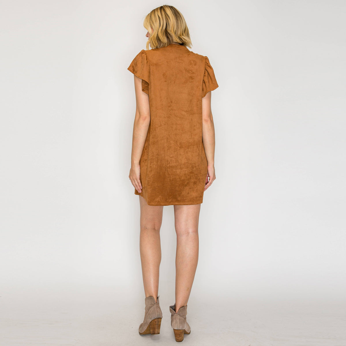 Suede Flutter Sleeve Shift Mini Dress?