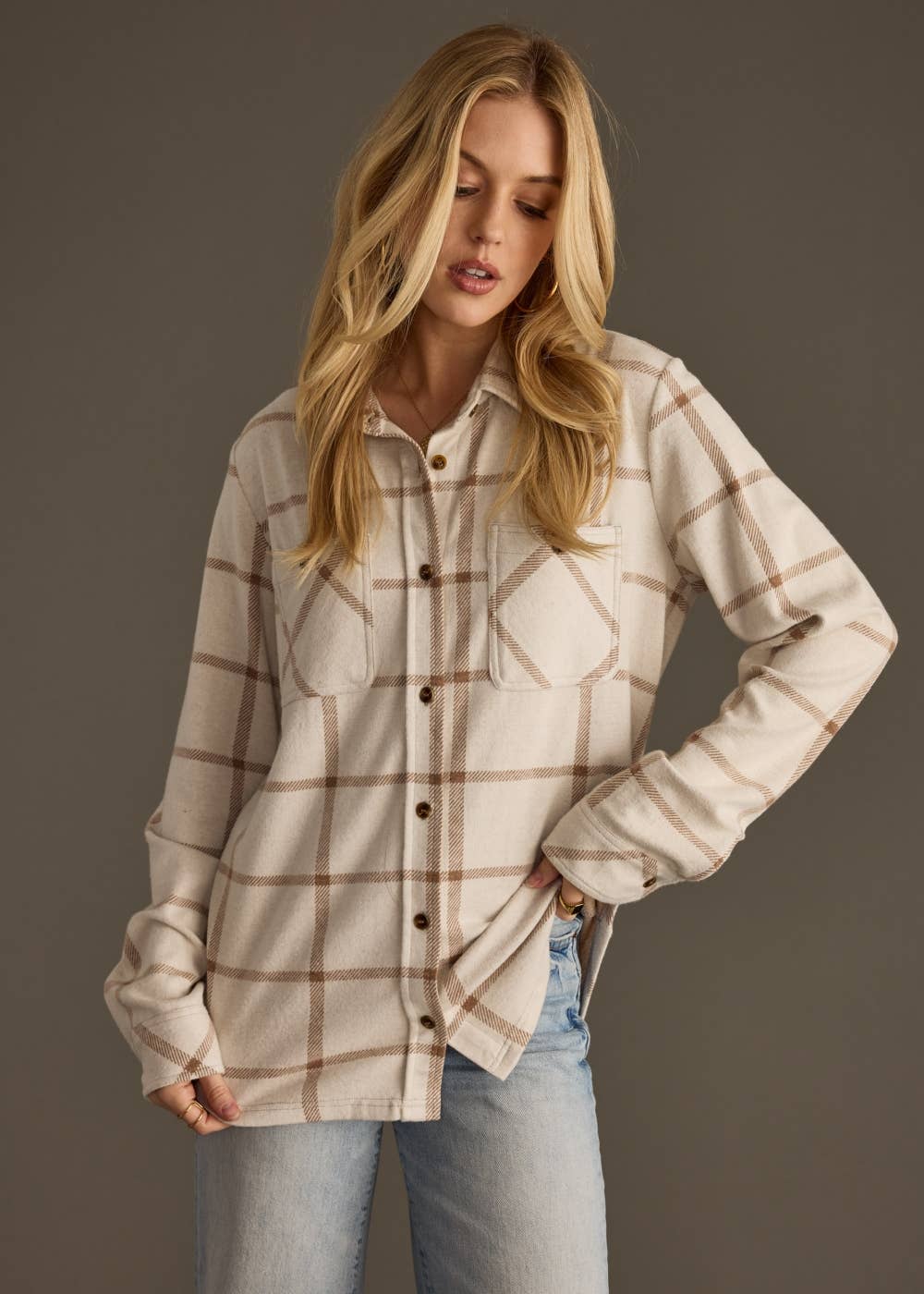 Beige & Brown Plaid Button Up