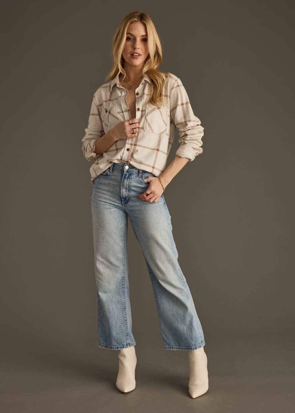 Beige & Brown Plaid Button Up